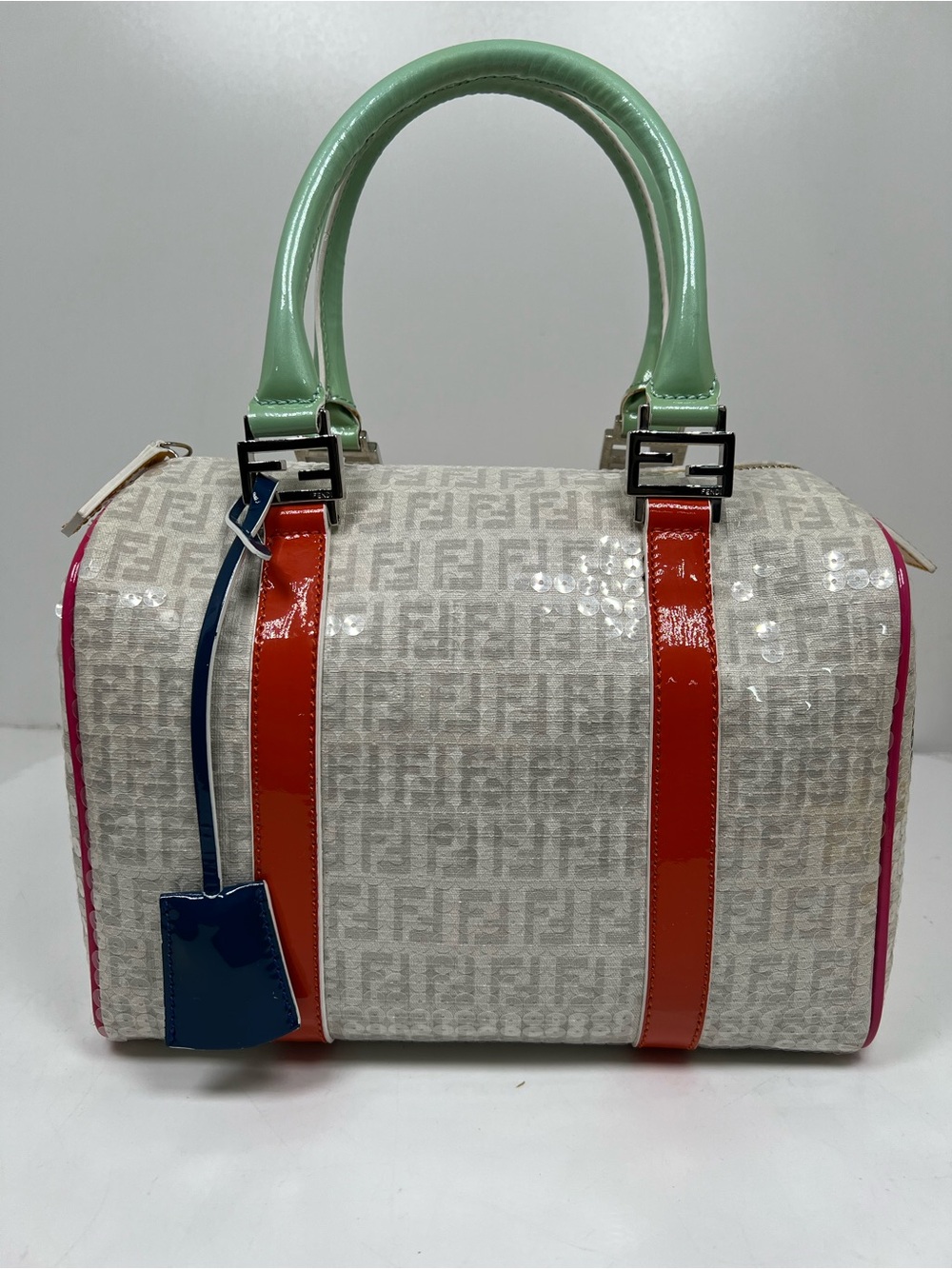 Fendi Mini Chef Boston Bag White Zucca Sequin Patent Leather Multicolor Italy